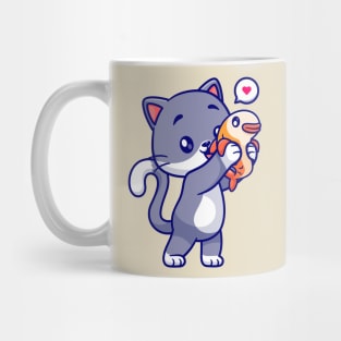 Cute Cat Holding Fish Cartoon Mug
